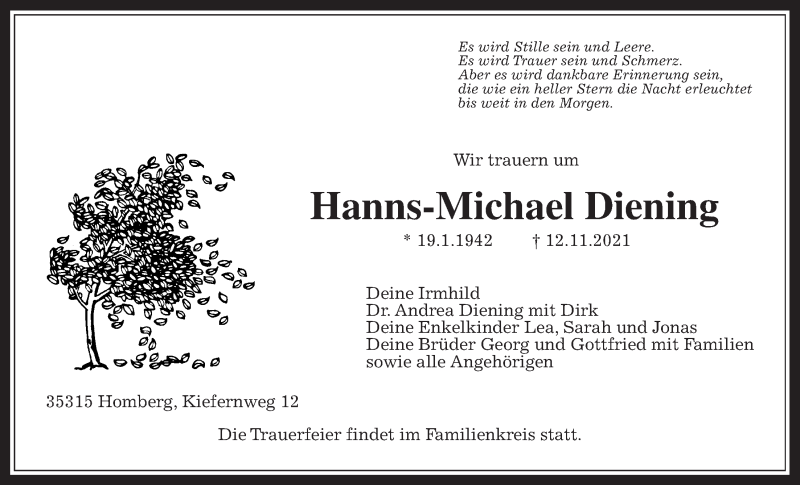  Traueranzeige für Hanns-Michael Diening vom 20.11.2021 aus Alsfelder Allgemeine