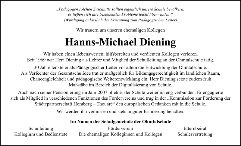 Traueranzeige für Hanns-Michael Diening vom 27.11.2021 aus Alsfelder Allgemeine