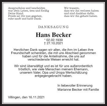 Traueranzeige von Hans Becker von Giessener Allgemeine, Alsfelder Allgemeine