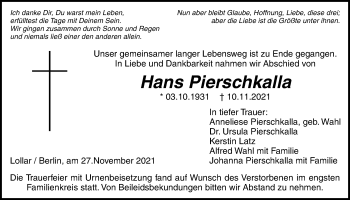 Traueranzeige von Hans Pierschkalla von Giessener Allgemeine, Alsfelder Allgemeine, Giessener Anzeiger