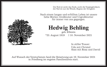 Traueranzeige von Hedwig Behling von Wetterauer Zeitung