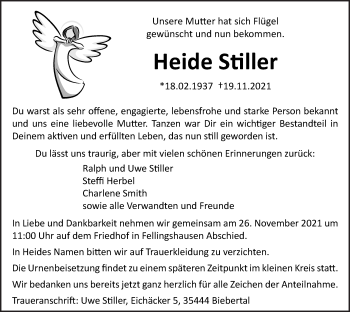 Traueranzeige von Heide Stiller von Giessener Allgemeine, Alsfelder Allgemeine
