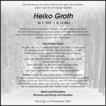 Traueranzeige von Heiko Groth von Kreis-Anzeiger