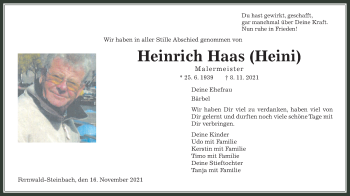 Traueranzeige von Heinrich Haas von Giessener Allgemeine, Alsfelder Allgemeine