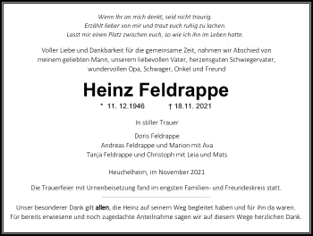 Traueranzeige von Heinz Feldrappe von Giessener Allgemeine, Alsfelder Allgemeine, Giessener Anzeiger