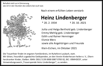 Traueranzeige von Heinz Lindenberger von Heimatzeitung Grünberg + Laubach, Mücker Stimme