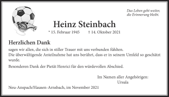 Traueranzeige von Heinz Steinbach von Usinger Anzeiger