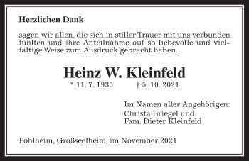 Traueranzeige von Heinz W. Kleinfeld von Pohlheimer Nachrichten