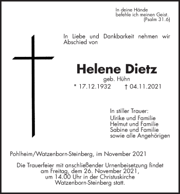 Traueranzeige von Helene Dietz von Giessener Allgemeine, Alsfelder Allgemeine, Giessener Allgemeine, Alsfelder Allgemeine, Giessener Anzeiger, Pohlheimer Nachrichten