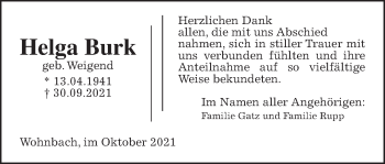 Traueranzeige von Helga Burk von Wetterauer Zeitung