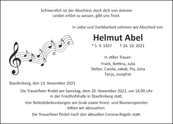 Traueranzeige von Helmut Abel von Giessener Allgemeine, Alsfelder Allgemeine