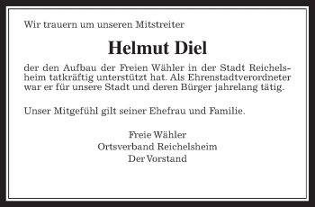Traueranzeige von Helmut Diel von Wetterauer Zeitung, Wetterauer Zeitung
