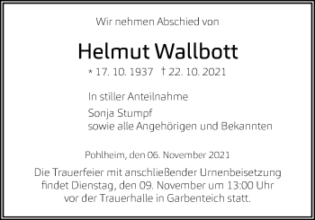 Traueranzeige von Helmut Wallbott von Giessener Allgemeine, Alsfelder Allgemeine