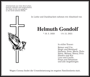 Traueranzeige von Helmuth Gondolf von Wetterauer Zeitung