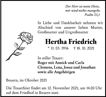 Traueranzeige von Hertha Friedrich 