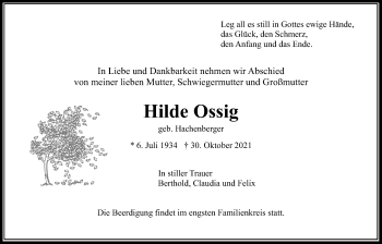 Traueranzeige von Hilde Ossig von Wetterauer Zeitung