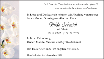 Traueranzeige von Hilde Schmidt von Giessener Allgemeine, Alsfelder Allgemeine