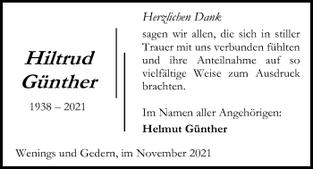 Traueranzeige von Hiltrud Günther von Kreis-Anzeiger