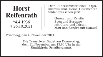 Traueranzeige von Horst Reifenrath von Wetterauer Zeitung