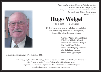 Traueranzeige von Hugo Weigel von Giessener Allgemeine, Alsfelder Allgemeine, Giessener Anzeiger