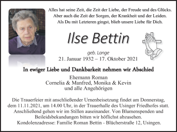 Traueranzeige von Ilse Bettin 