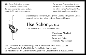 Traueranzeige von Ilse Schon von Bad Vilbel/Karben
