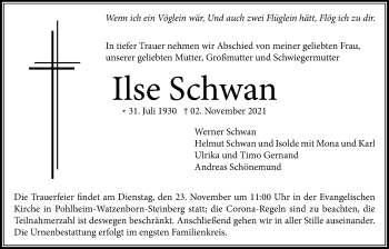 Traueranzeige von Ilse Schwan von Giessener Allgemeine, Alsfelder Allgemeine, Giessener Allgemeine, Alsfelder Allgemeine