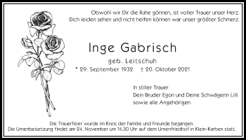 Traueranzeige von Inge Gabrisch von Bad Vilbel/Karben