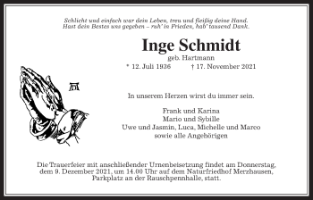 Traueranzeige von Inge Schmidt von Usinger Anzeiger