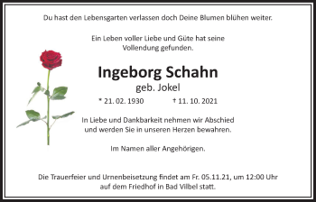 Traueranzeige von Ingeborg Schahn von Bad Vilbel/Karben