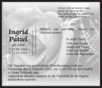 Traueranzeige von Ingrid Patzel von Wetterauer Zeitung