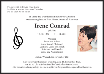 Traueranzeige von Irene Conrad von Giessener Allgemeine, Alsfelder Allgemeine