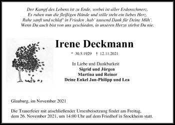 Traueranzeige von Irene Deckmann von Kreis-Anzeiger