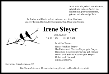 Traueranzeige von Irene Steyer von Wetterauer Zeitung