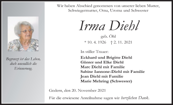 Traueranzeige von Irma Diehl von Kreis-Anzeiger