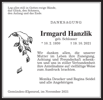 Traueranzeige von Irmgard Hanzlik von Alsfelder Allgemeine