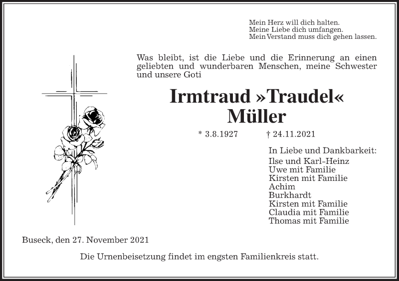 Traueranzeige für Irmtraud Müller vom 27.11.2021 aus Giessener Allgemeine, Alsfelder Allgemeine, Giessener Anzeiger