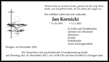 Traueranzeige von Jan Kornicki von Licher Wochenblatt