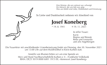 Traueranzeige von Josef Koneberg von Wetterauer Zeitung