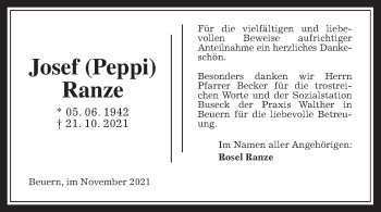 Traueranzeige von Josef Ranze von Giessener Allgemeine, Alsfelder Allgemeine, Giessener Allgemeine, Alsfelder Allgemeine, Giessener Anzeiger