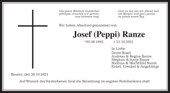 Traueranzeige von Josef Ranze von Giessener Allgemeine, Alsfelder Allgemeine