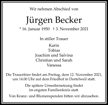 Traueranzeige von Jürgen Becker von Bad Vilbel/Karben