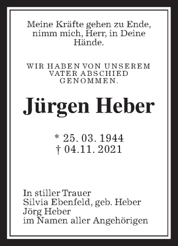 Traueranzeige von Jürgen Heber von Wetterauer Zeitung