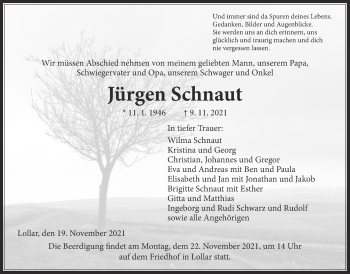 Traueranzeige von Jürgen Schnaut von Giessener Allgemeine, Alsfelder Allgemeine