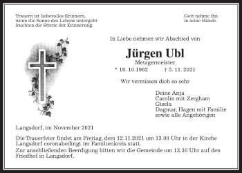 Traueranzeige von Jürgen Ubl von Giessener Allgemeine, Alsfelder Allgemeine