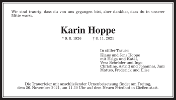 Traueranzeige von Karin Hoppe von Giessener Allgemeine, Alsfelder Allgemeine, Giessener Allgemeine, Alsfelder Allgemeine, Giessener Anzeiger