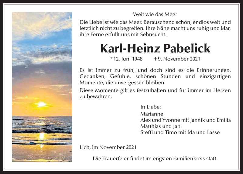  Traueranzeige für Karl-Heinz Papelick vom 18.11.2021 aus Licher Wochenblatt