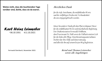 Traueranzeige von Karl Heinz Leinweber von Giessener Allgemeine, Alsfelder Allgemeine