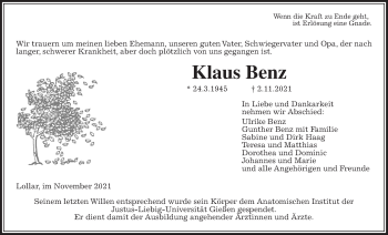 Traueranzeige von Klaus Benz von Rabenauer Zeitung