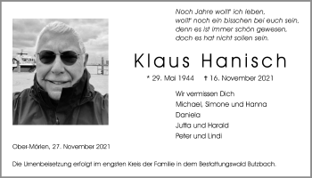 Traueranzeige von Klaus Hanisch von Wetterauer Zeitung